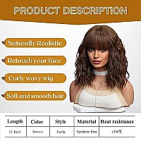 Brown Wigs For Women Dark Brown Short Curly Wavy Bob Wig With Bangs Medium Lenth Synthetic Hair For Daily Party Wedding Gift